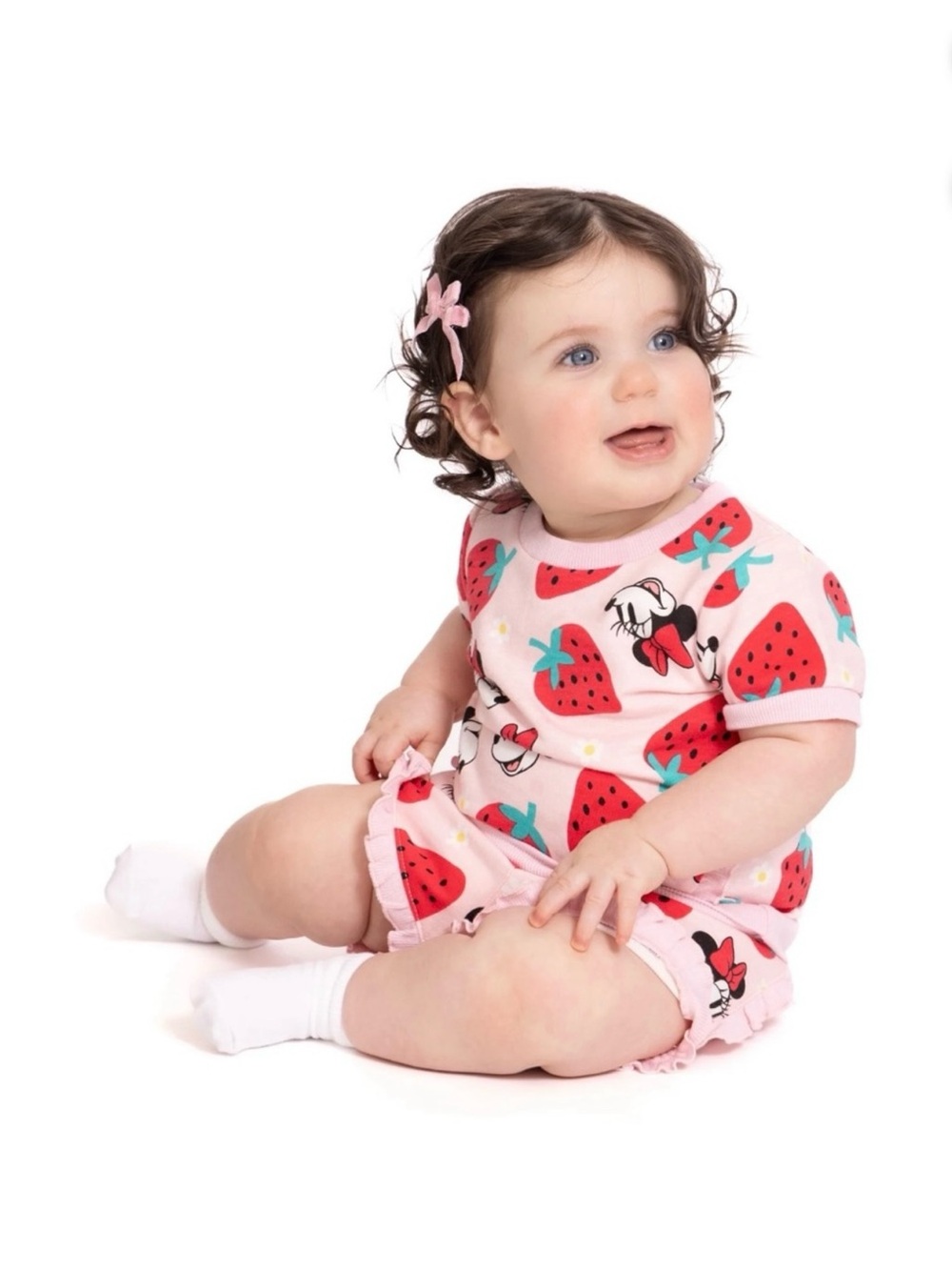 Disney  Minnie Mouse Pink & Strawberry Print Ruffle Shirt And Shorts 2 Piece - Picture 2 of 8